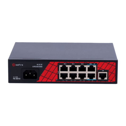 Switch 8 Portas Hi-PoE + 1 Uplink Safire