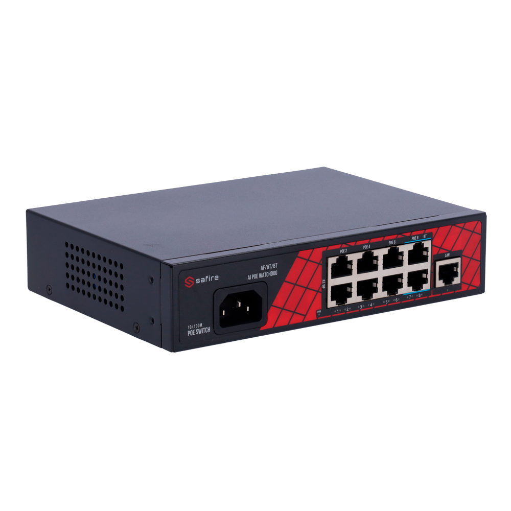 Switch 8 Portas Hi-PoE + 1 Uplink Safire